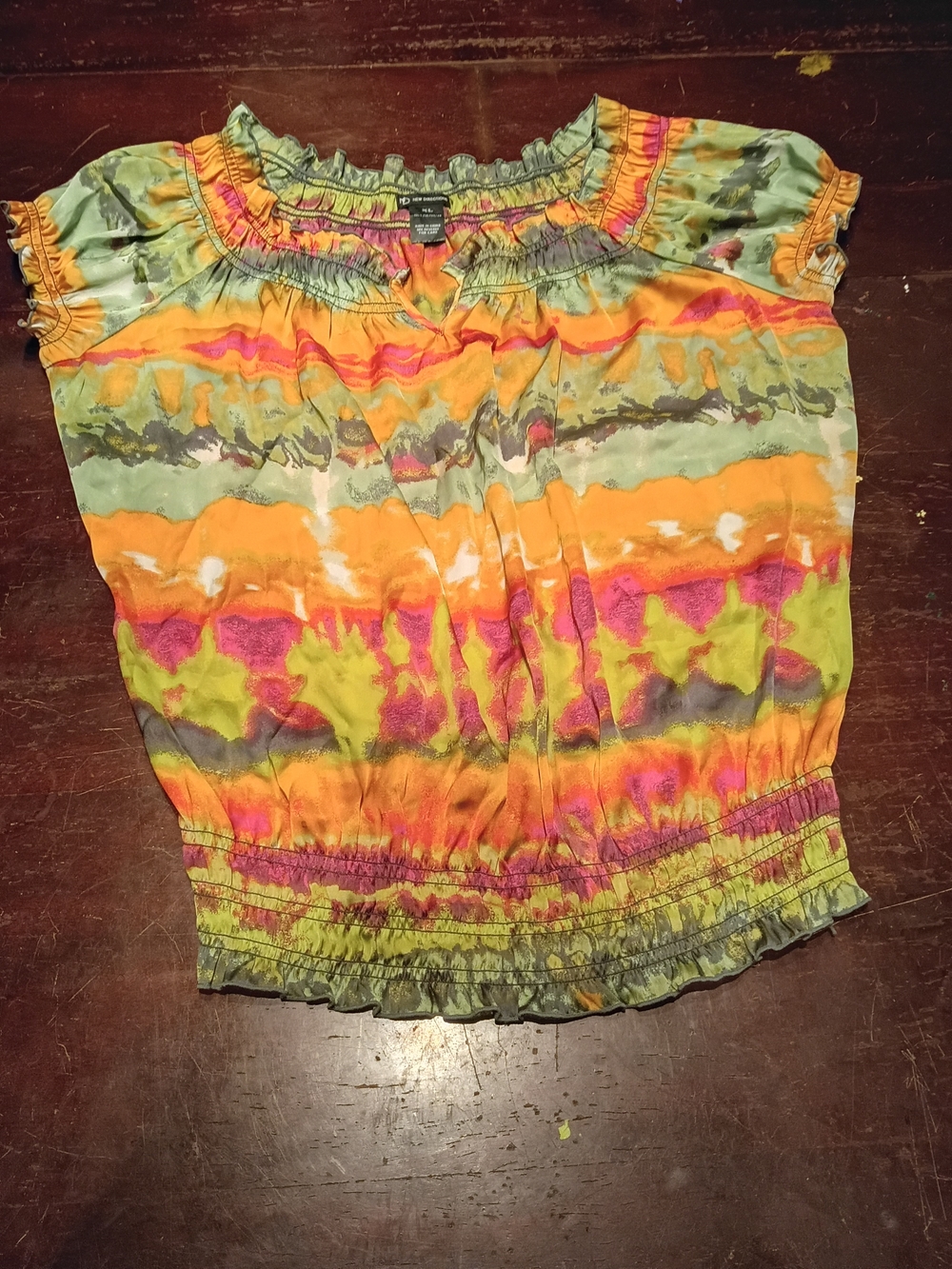 new directions Boho Multicolor Tie-Dye Ruffle Top — Yellow, Pink, Green